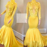 Hot Yellow High Neck Long Sleeves Mermaid Appliques Sexy Prom Dress